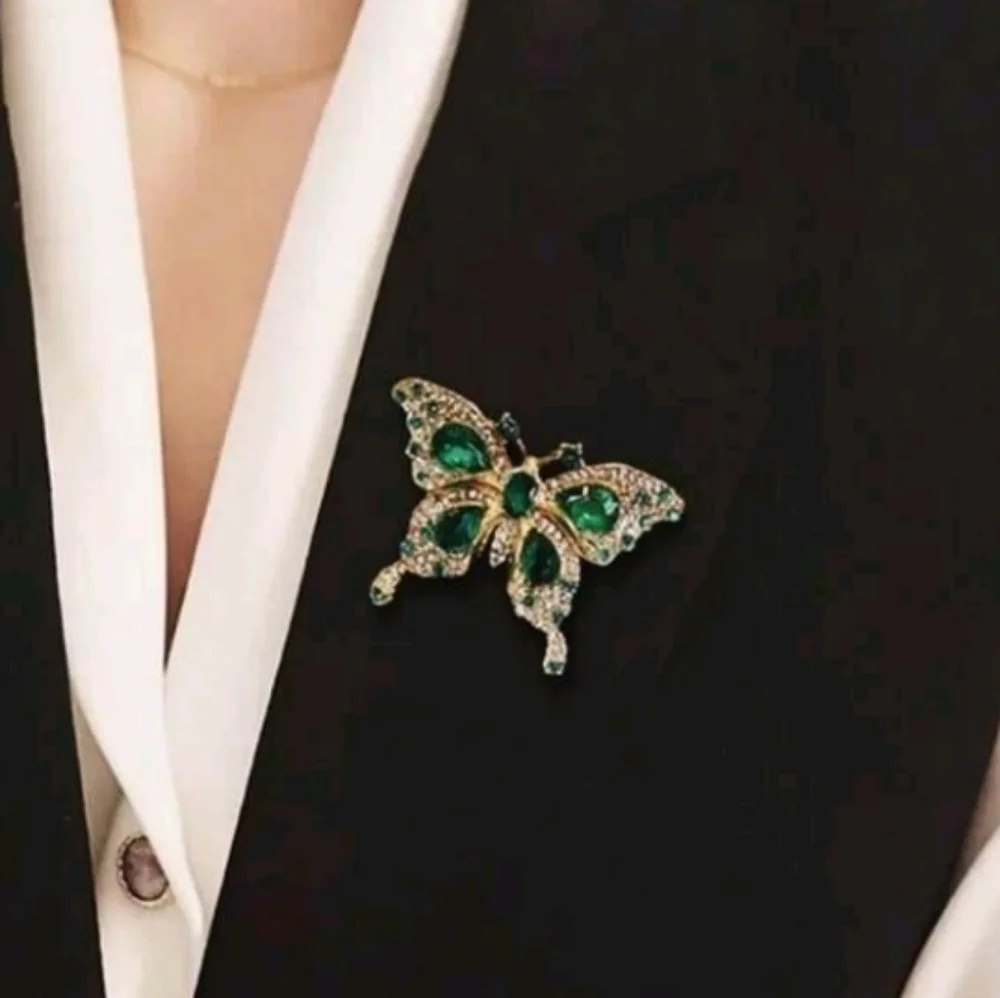 Elegant Green and Gold Butterfly Brooch Pin